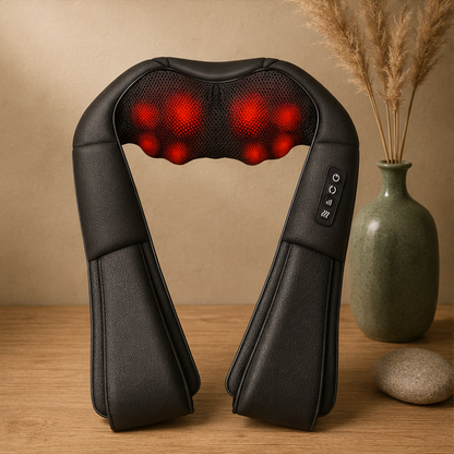 Masseur shiatsu chauffant Soalys noir posé sur une table - pétrissage profond